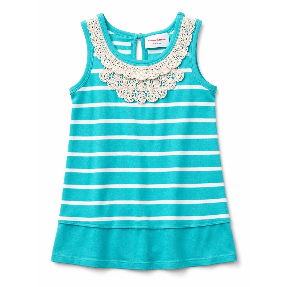 Hanna Andersson Girls Turquoise White Striped Crochet Lace Collar Dress 100 4T